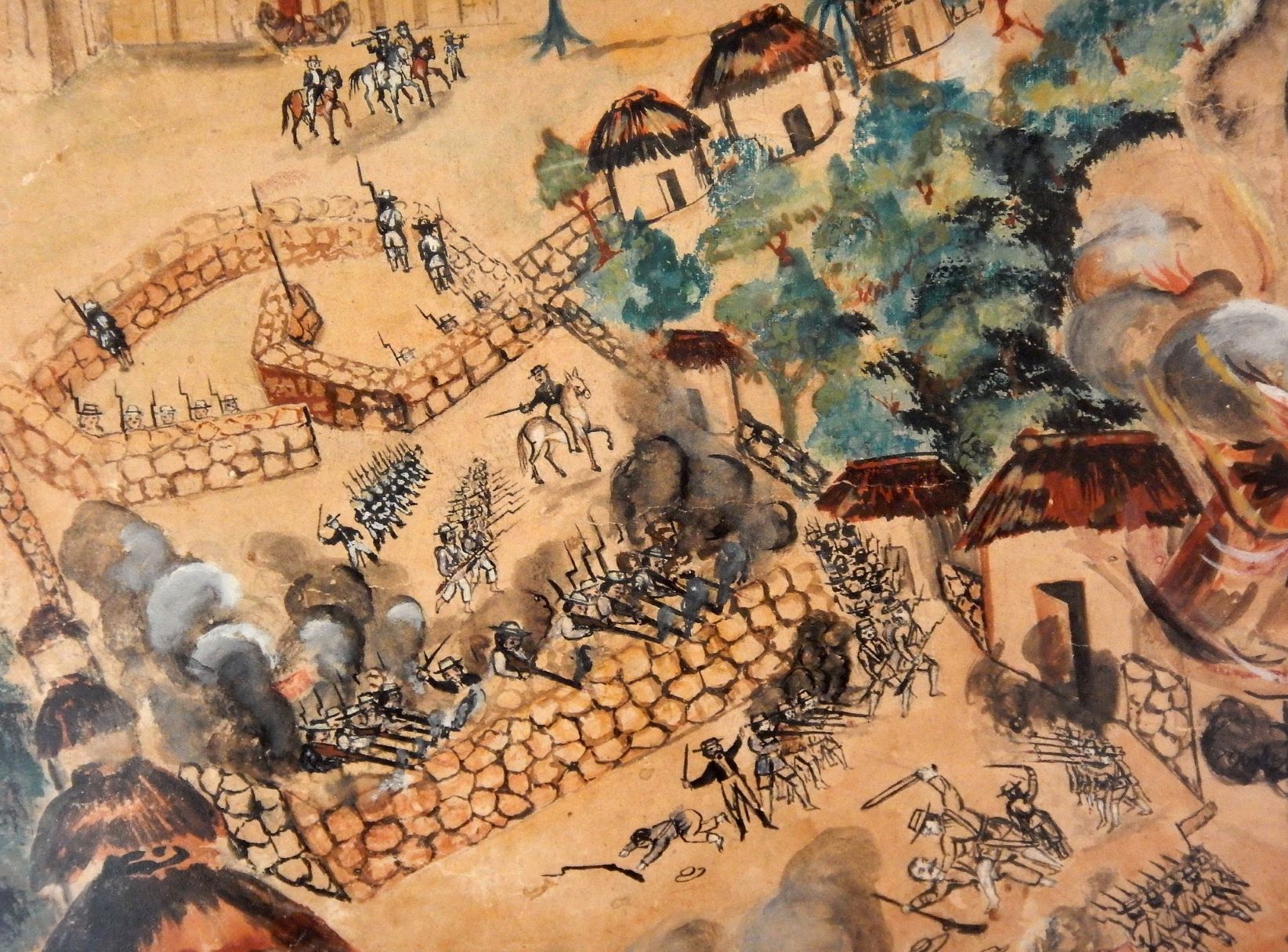 Anónimo, Acuarela de la guerra de castas, pintura mural, ca. 1900. Museo del Pueblo Maya de Dzibilchaltún, Yucatán, Secretaría de Cultura-INAH-Méx. Reproducción autorizada por el INAH.